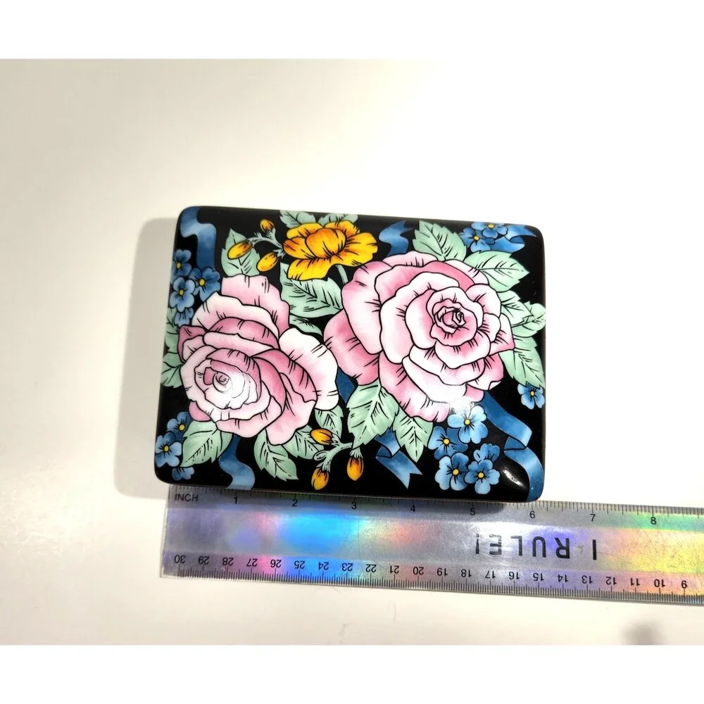 Vintage Japanese Porcelain Trinket Box Bridge Playing Cards Cabbage Roses Floral